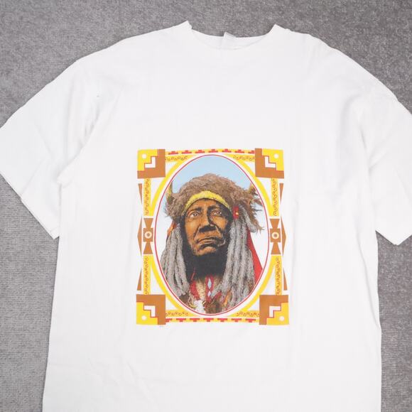 VTG 90s Native American Chief Tribal XL White Short Sleeve T-Shirt - Picture 6 of 10